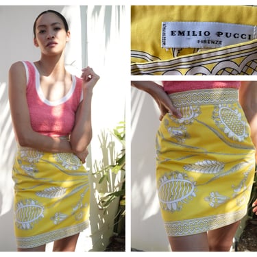 1990's Emilio Pucci Skirt / Cotton Skirt / Yellow Mini Hourglass Skirt / Nineties Designer Womenswear / Resortwear 