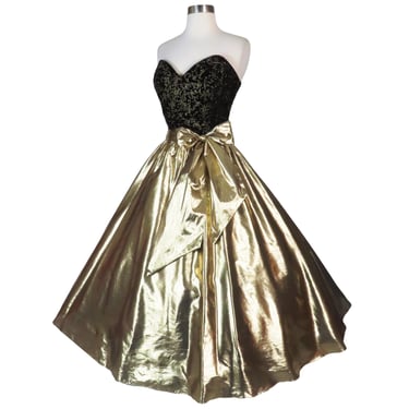 Vintage 80s Strapless Black Velvet Metallic Gold Lamé Full Skirt Prom Gown Party Dress M Medium Shiny Foil Glam Sash Smocked Stretch Sparkle 