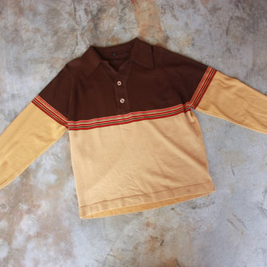 70s Mustard Yellow and Brown Striped Rugby Knit Shirt Size L 
