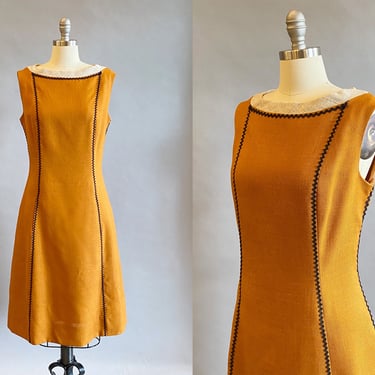 1960s Day Dress / 1960s Sheath Dress / A-Line Dress / Dress With Pockets / Ric Rac Trimmmed Dress / Size Large 
