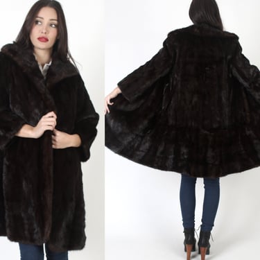 Mid Length Mahogany Mink Jacket / 70s Cropped Brown Fur Coat / Huge Rolled Fur Shawl Collar / Wedding Bridal Swing Overcoat 