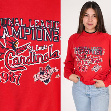 St Louis Cardinals Sweatshirt 1987 World Series Champions Graphic Shirt 80s MLB Baseball Sweater Red Raglan Sleeve Vintage 1980s Small S 