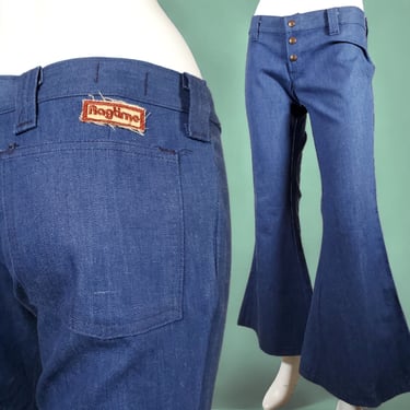 Groovy 60s/70s hiphugger jeans extreme low rise massive bell bottoms authentic true vintage deadstock with original tags! Dark wash (S 2) 