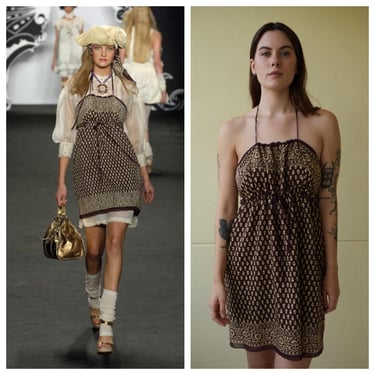 ss 2007 Anna Sui Dress / Silk Cotton Backless Mini Dress / Brown Block Printed Babydoll Dress / Designer Summer Dress / Designer Dress 