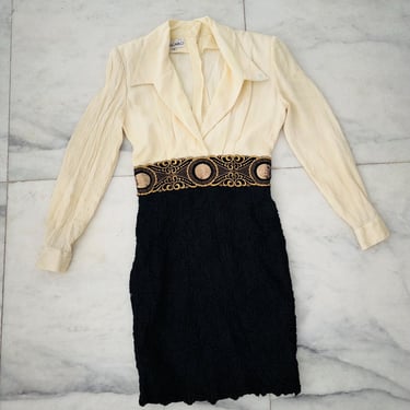 80s Vintage Liancarlo Dress Formal Ivory Black Embroidered Collared Womens 6 Mob Wife 