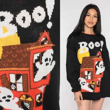 Halloween Sweater 90s Haunted House Ghost Knit Sweater Spooky Black Pullover Boo Graphic Novelty Sweater Cotton Ramie Vintage 1990s Small S 