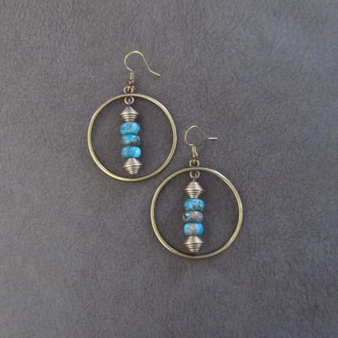 Antique brass and blue imperial jasper hoop earrings 