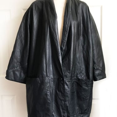 1980's Vintage Black LEATHER Trench Coat, Overcoat, Long, LARGE 3X Oversized Womens New Wave 80's Designer 