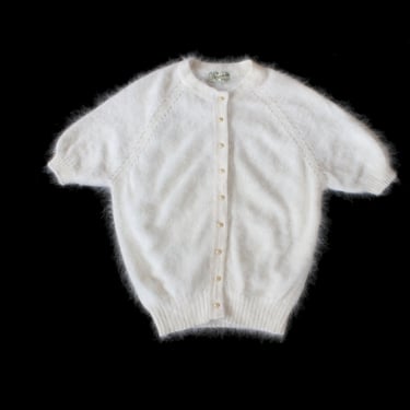 1950s Cashmere Cardigan Sweater White Fox Fur Collar / 50s