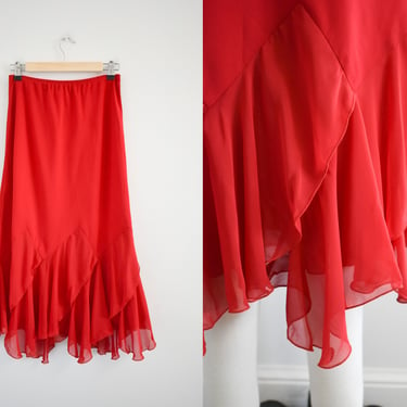 1990s Red Chiffon Handkerchief Hem Midi Skirt 