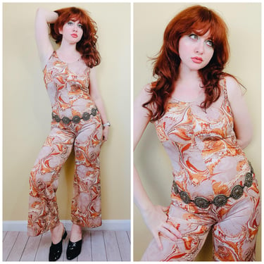 1970s Vintage Brown and Yellow Oil Spill Jumpsuit / 70s / Seventies Drop Waist Flared Pant Catsuit / Size Small 