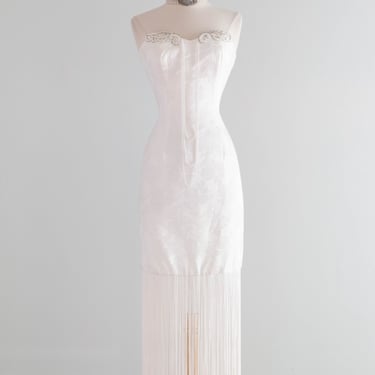 Fantastical 1980's Ivory Brocade Strapless Gown With Pearls and Fringe Hem / Small