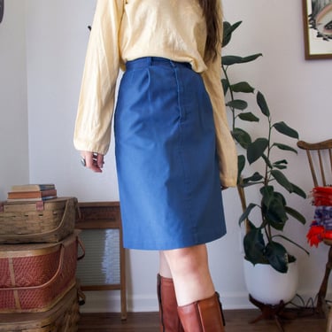 Vintage 70's Blue High Waisted Pocket Knee Length Skirt 