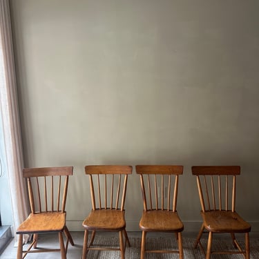 Pine plank seat dining chairs. Sold in pairs.