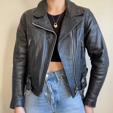 Vintage 90s Womens ICS New York Black Leather Biker Moto Cropped Jacket Sz M 