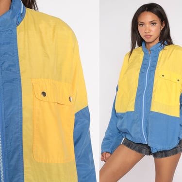 Color Block Windbreaker 90s Zip Up Light Jacket Hood Retro Blue Yellow Hoodie Sporty Hooded Shell Surf Streetwear Vintage 1990s Large L 