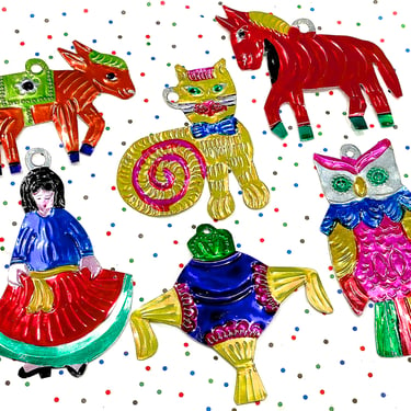 VINTAGE: 6pcs - Mexican Folk Art Tin Ornaments - Handcrafted Donkies, Lady Cat, Owl, Pinata - Christmas - Holiday - Mexico - Gift Tag 
