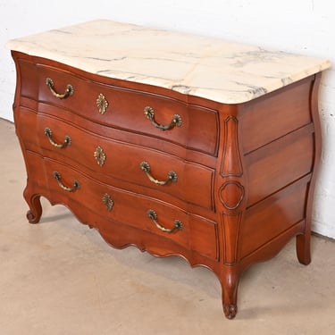 John Widdicomb French Provincial Louis XV Cherry Wood Marble Top Commode or Chest of Drawers