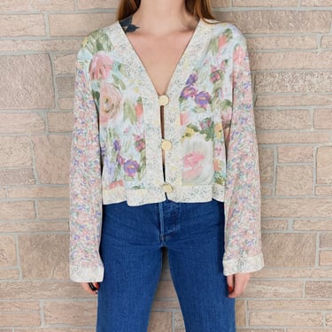 90's Romantic Pastel Cropped Floral Blouse 