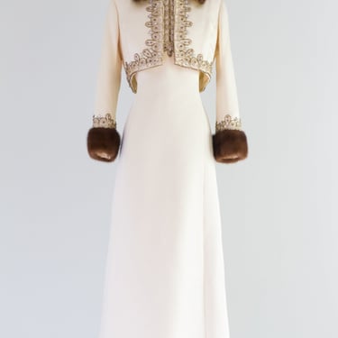 Vintage 1960's Beaded Ivory Silk Gown With Matching Mink Trimmed Jacket / Medium