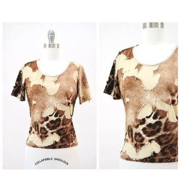 90s 00s Animal print T Shirt Top with Leopard Animal Print T shirt Sheer Cheetah Print Shirt Size Medium 