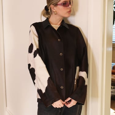 Vintage Reversible Cow Hide and Leather Jacket with Wood Grain Buttons Overcoat Cow Print Leather Pony Hair 