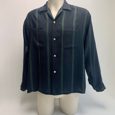 1950's Rayon Shirt - Deep Bluish Black with Sage Green Stripes - Light Summer Weight Fabric - Patch Pockets - Men's Medium to Large 