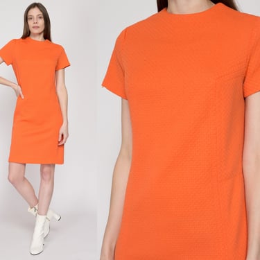 Small 60s Mod Orange Mini Shift Dress | Retro Knit Short Sleeve A Line Dress 
