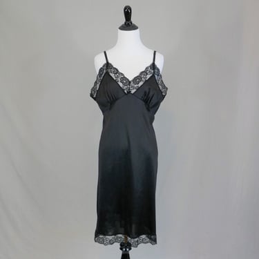80s Black Slip - Lace Trim Full Nylon Dress Slip - Ashley Taylor - Vintage 1980s - L 40 