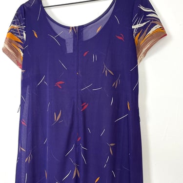 plus size vintage 70s day dress / vintage purple blue sheer dress / plus size hippy boho floral leaf dress / 60s vintage / size 12 size 14 