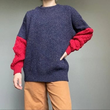 Vintage LL Bean Shetland Wool Color Block Purple Red Fisherman Sweater Sz XL 