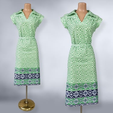 VINTAGE 60s 70s Geometric Op-Art Mod Scooter Dress by NPC Fashions Sz 12 | 1960s Belted Retro Dress M/L | Green, Blue, White |  VFG 