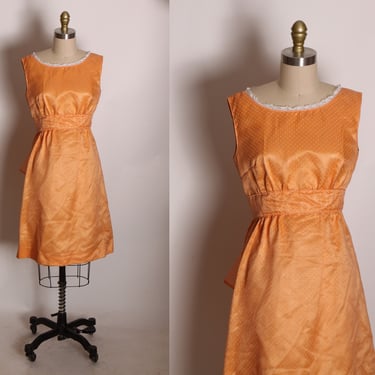 Late 1960s Early 1970s Peach Pink Orange Velvet Swiss Dot Sleeveless Bow Back Dress -M 