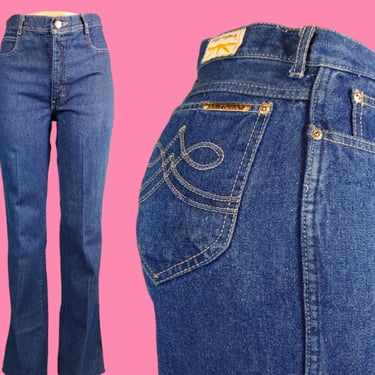 70s/80s Brittania blue jeans. Boot cut mid rise slim fit. Designer pockets. Extra long. (30 x 37) 
