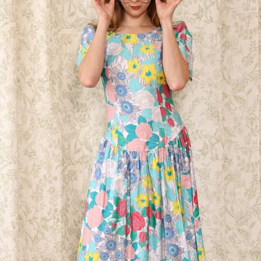 Belle France Bright Floral Dropwaist Dress S