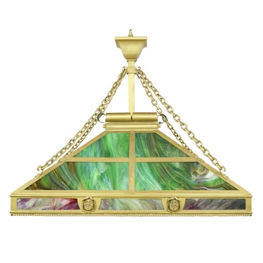 Arts & Crafts Figural Stained Glass Rectangular Brass Pendant Light