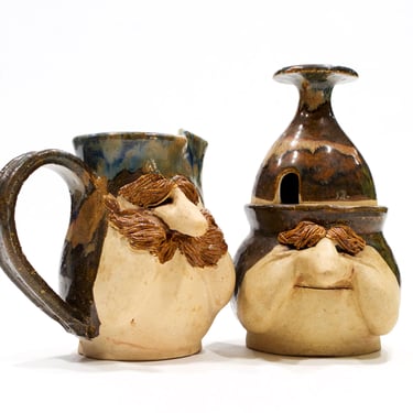 VINTAGE: Ugly Face Stoneware Sugar and Creamer Bowls - Signed Pottery - Handmade Pottery - SKU 22-B-00032254 