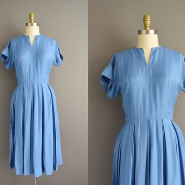vintage 1950s | Bonwit Teller Periwinkle Blue Cotton Short Sleeve Full Skirt Dress | Small | 50s dress 