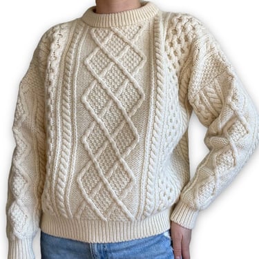 Vintage 90s Womens White 100% Wool Chunky Cable Irish Fisherman Sweater Sz XL 