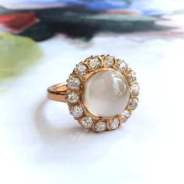 Antique Victorian 3.53 ct.tw. Moonstone Diamond Halo Ring 18K Yellow Gold 