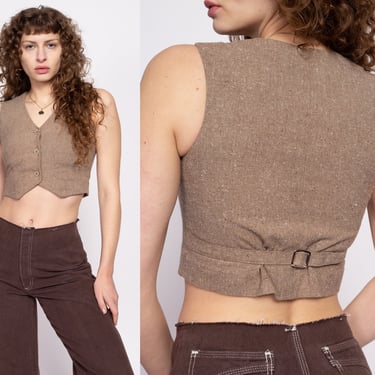 70s Brown Tweed Crop Top Vest - Extra Small | Vintage Button Up Sleeveless Cropped Suit Vest 