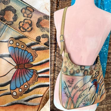 Butterfly Painted Leather Purse, Vintage Shoulder Bag, Floral Botanical Artistic Design, Vintage Boho Fashion 