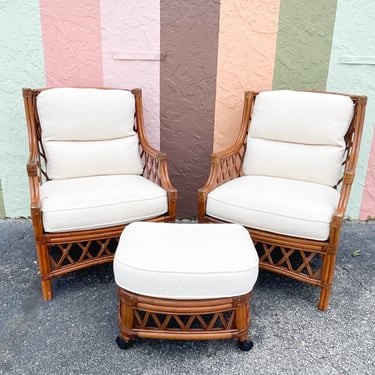 Pair of Rattan Wingback Chairs and Ottoman