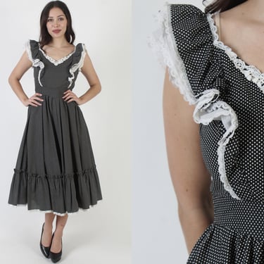 1970's Black & White Gunne Sax Bridal Dress / Vintage Jessica McClintock Swiss Dot Maxi / Victorian Style Antique Gown / Size 11 