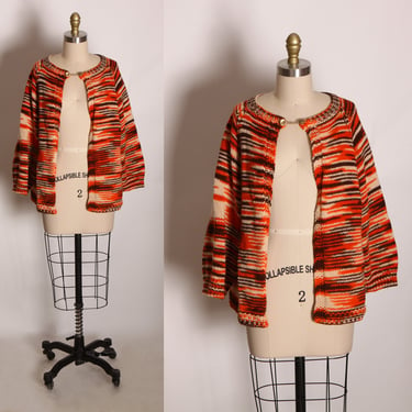 1960s 1970s Orange, White and Brown Flecked Knit Long Sleeve Cardigan Sweater -XL 