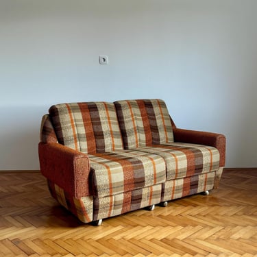 Vintage Yugoslavian Space Age Modular Sofa / Brown & Orange Striped Fabric / Mid-Century Modern Style / 1970s Two-Seater 