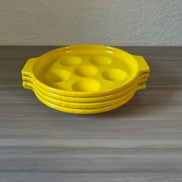 Vintage Yellow French Enamel Escargot Plates Set of Four Mid Century Servingware 