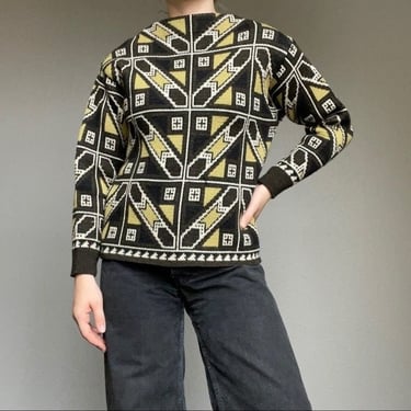 Vintage Women’s 60s Retro psychedelic Geometric Green Brown Wool Sweater Sz M 