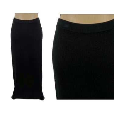 90s Knit Pencil Maxi Skirt Large . Black Long Winter Skirt . Elastic Waist 33