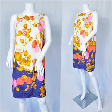 1960's White Lavender Brushed Cotton Floral Print Shift  Dress I Sz Med I Hawaiian 